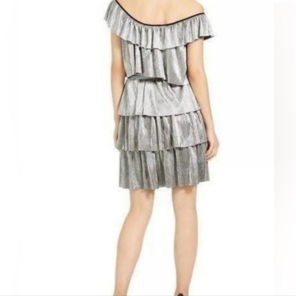 Metallic Ruffle Tiered Off-The-Shoulder Silver Dress - Picture 2 of 8